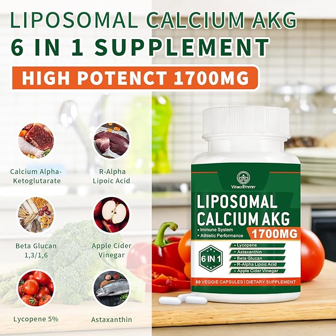 Liposomal Calcium AKG Supplement 1700 MG - High Absorption Calcium Supplement for Women AKG Supplement for Cellular Energy Metabolic Function - 120 Capsules