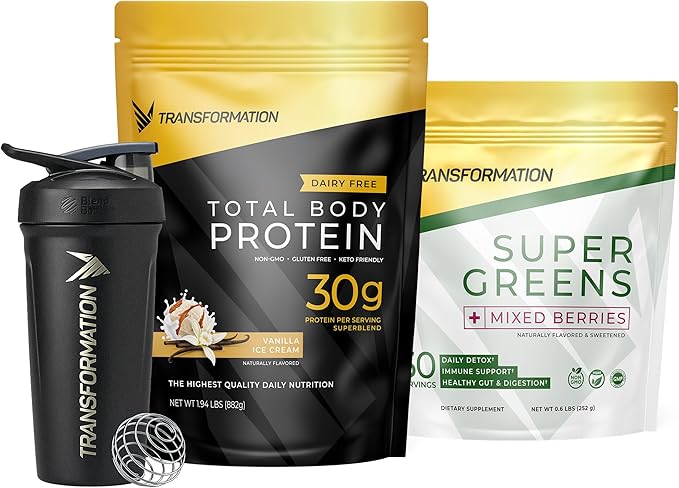 Transformation Vanilla Protein Powder Super Greens Superfood Green Juice Powder and Performance Insulated Shaker Bottle