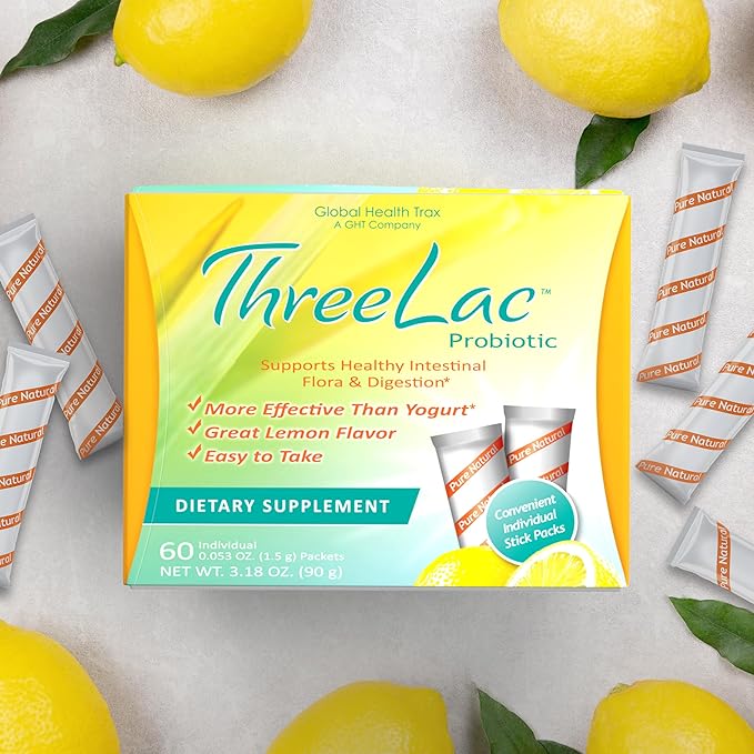 Global Health Trax ThreeLac Lemon Probiotic Drink Mix for Digestive Health - Advanced Probiotic Powder Formula for Men Women and Kids - Immune Support &amp Gut Balance Non-GMO - 120 Packets