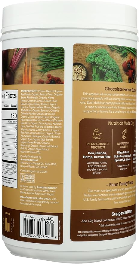 Amazing Grass Organic Plant Protein Blend: Vegan Protein Powder New Protein Superfood Formula All-In-One Nutrition Shake With Beet Root Original 18 Servings (Chocolate Peanut Butter)