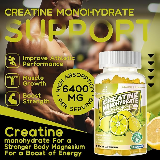 Creatine Monohydrate Gummies Complex for Men &amp Women -Advanced Formula W/L-Taurine + Vitamin B12 Sugar Free Chewable Supplement90 Lemon Gummies