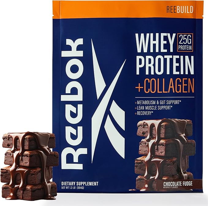 Reebok Whey Protein Powder + Collagen Peptides | 25g Protein with 9 Essential Amino Acids | Muscle Recovery Joint &amp Gut Support | Informed-Sport Certified | REEbuild Chocolate Fudge Flavor 1.3 l