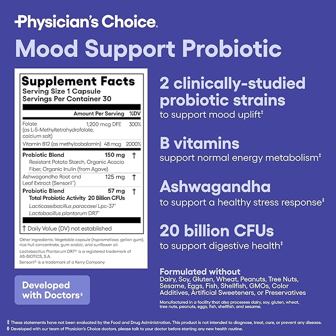 Physician's CHOICE Mood Support Probiotic - Supports a Balanced Mood Healthy Stress Response &amp Digestive Health with Prebiotics Ashwagandha Vitamin B12 Folate - for Men &amp Women - 30ct