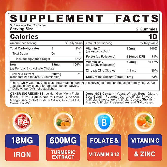 1Pack Saffron Supplement Gummies 100% Pure Saffron Extract Whole Herb Gummies + 2P Vegan Iron Gummies Supplement with Vitamin C B12 Folate &amp Turmeric