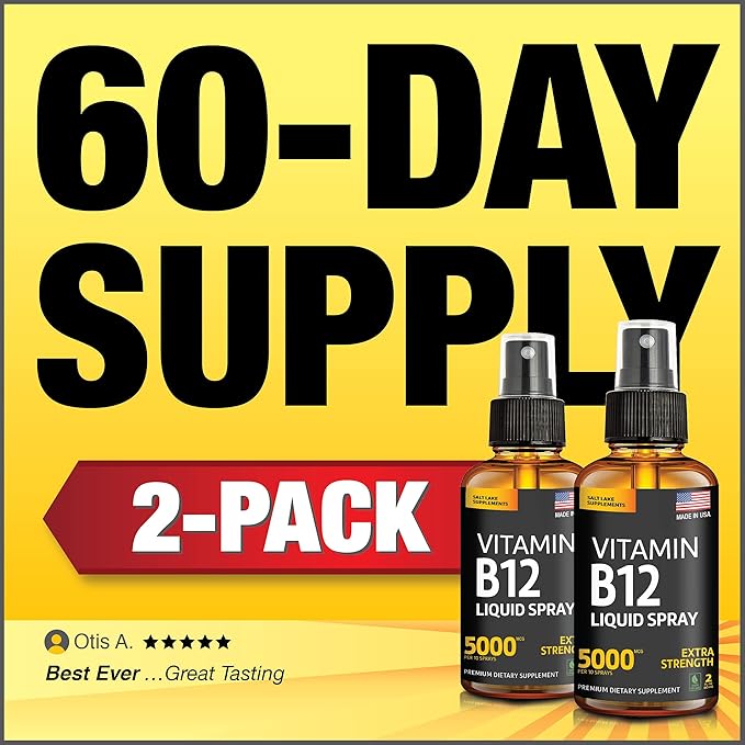(2 Pack) - Liquid B12 Spray 5000 mcg - Vitamin B12 Sublingual - Vegan B12 Vitamin Spray - Methylcobalamin Vitamin B12 Liquid Boosts Energy &amp Mood - Gluten-Free &amp Non-GMO
