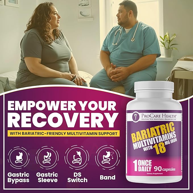 ProCare Health Bariatric Multivitamin with 18mg Iron (3 Month Supply) Post-Op Vitamins Bariatric Surgery Patients Supports Recovery (90 Easy to Swallow Capsules)