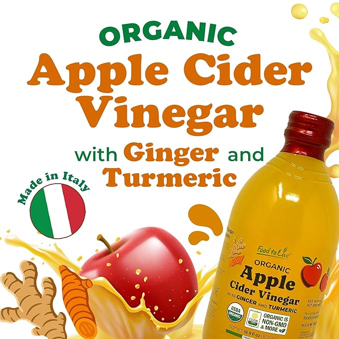 Food To Live Organic Apple Cider Vinegar with Ginger and Turmeric 500 ml – Raw Italian Unfiltered Unpasteurized Non-GMO Vegan Bulk Glass Bottle (Pack of 3)