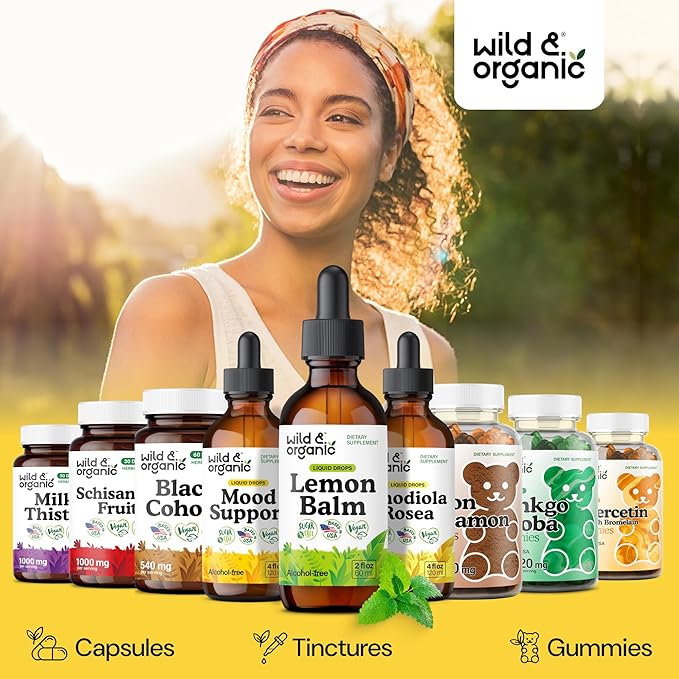 Wild &amp Organic Lemon Balm Drops - Relaxation Support - Lemon Balm Extract Supplement - Melissa Officinalis Herb Tincture - Add to Tea for Calmness Support - Vegan Sugar &amp Alcohol-Free - 2 fl