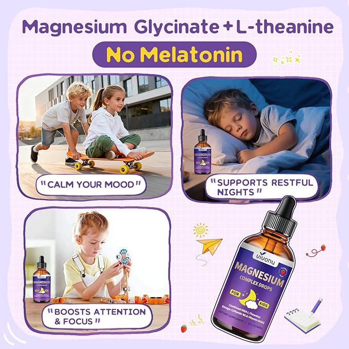 VivoNu Magnesium Drops for Kids Magnesium Glycinate Liquid for Children's Supplement with Vitamin D3 K2 B12 &amp B6 Omega 3L-theanineLemon Balm for SleepRelaxationCalmFocus Strawberry Flavor
