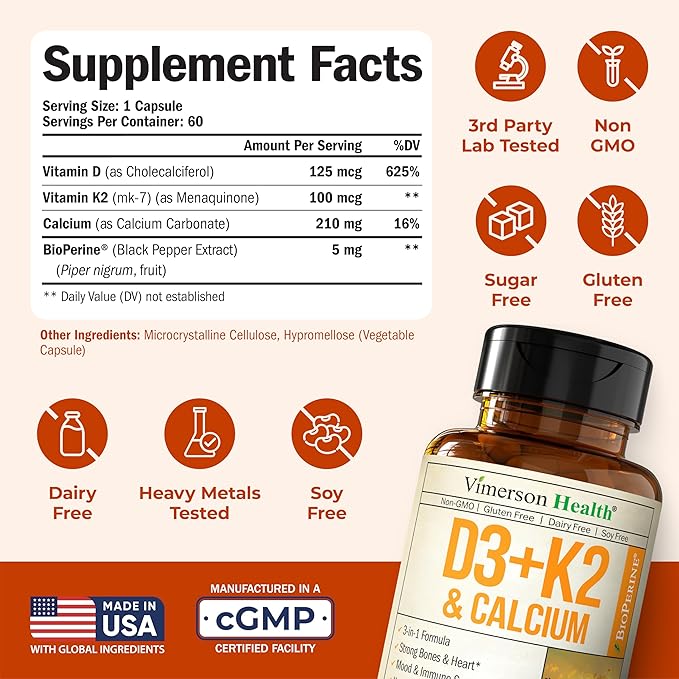 Vitamin D3 K2 Supplement – All-in-1 Support for Immune Bone &amp Heart Health with Vitamin D + Vitamin K (as MK7) – K2 D3 (5000 IU) Vitamin Supplement with Black Pepper for Max Absorption 60 Capsul