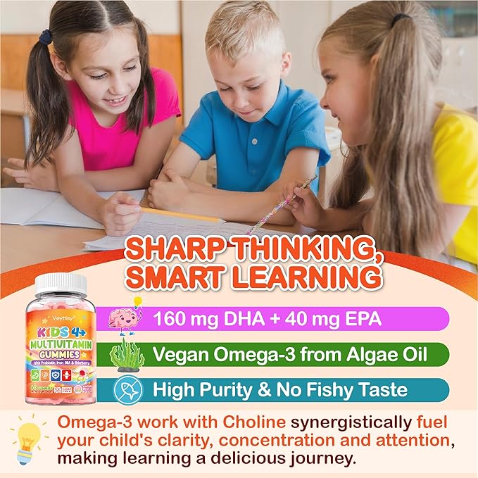 Sugar Free Kids Multivitamin Gummies - Kids Vitamins with Iron Probiotics &amp Omega-3 for Healthy Growth - Plus Elderberry Vitamin C D3 &amp Zinc for Immunity - Ages 4-12 Natural Peach Flavor