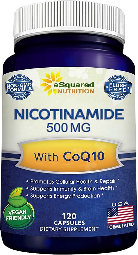 Nicotinamide with CoQ10 (120 Capsules) - Vitamin B3 500mg (Niacinamide Flush Free) - Coenzyme Q10 Powder - VIT B-3 &amp Coq 10 Supplement Pills to Support Energy NAD &amp Skin Cell Health