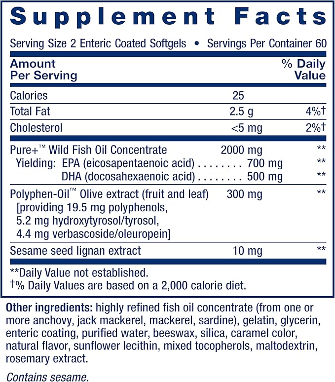 Life Extension Super Omega-3 EPA/DHA Fish Oil Sesame Lignans &amp Olive Extract – Heart Health Brain Health Inflammation Health Support Gluten-Free Enteric-Coated Non-GMO 120 Softgels