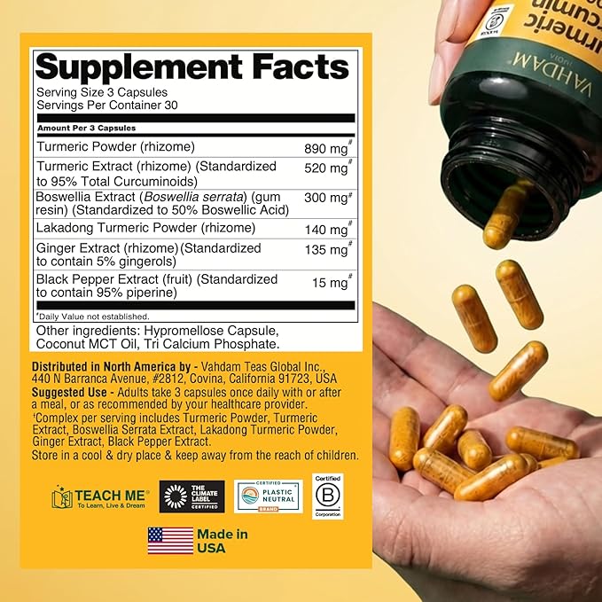 VAHDAM Turmeric Curcumin Supplement 2000mg (500mg Curcuminoids) with Boswellia &amp Piperine for Fast Absorption | Supports Joint Health and Mobility | 90 Capsules