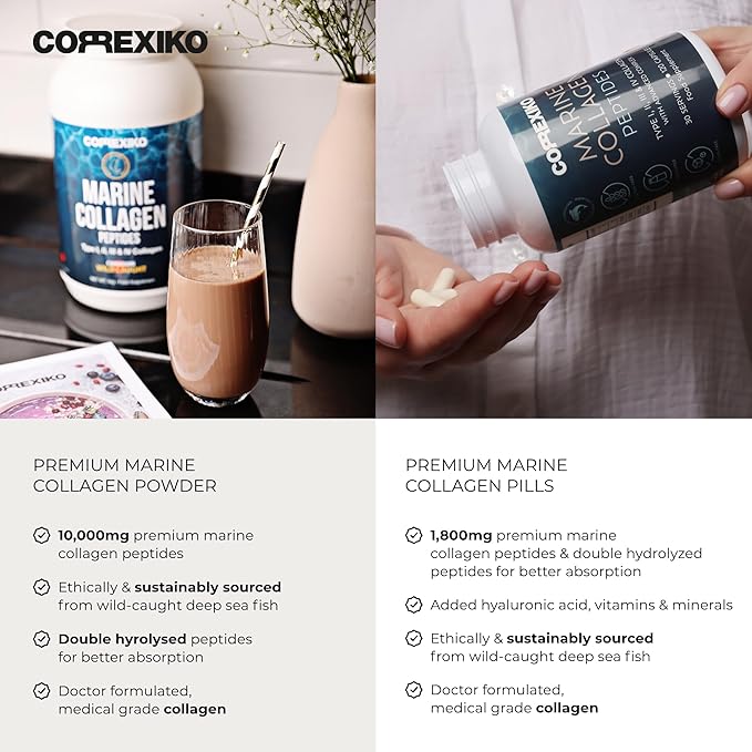 CORREXIKO Marine Collagen Supplement Pills &amp Powder Bundle 3 Month Supply - Includes 10000mg Double Hydrolyzed Collagen Powder 1kg &amp 1800mg Collagen Peptides 360 Capsules - for Hair Skin &am