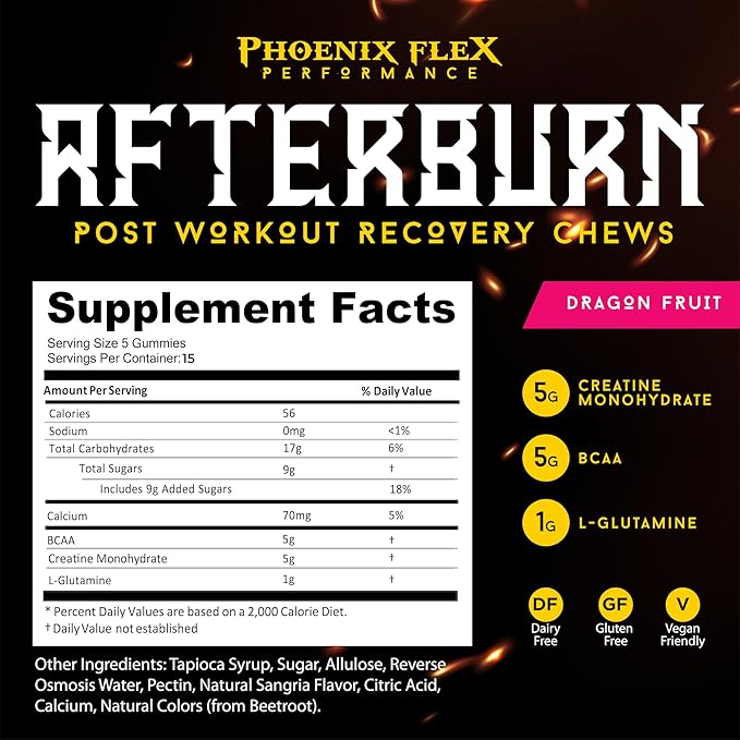 After Burn Creatine Monohydrate Chews - BCAAs &amp L-Glutamine - Gummies - Pre/Post Workout Recovery for Men &amp Women - Strength Energy Endurance - Muscle Growth - Immune Function