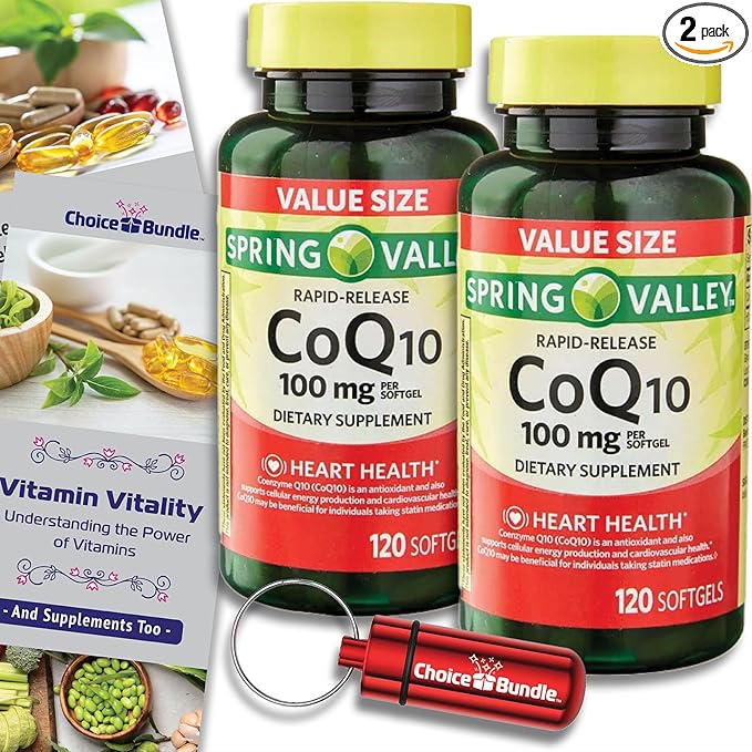 Choice Bundle Spring Valley Rapid-Release CoQ10 Coenzyme Q10 100 mg Softgels 120 CT 2 pk (240 Total) + Vitamin Guide &amp Pill Container (4 Items)!