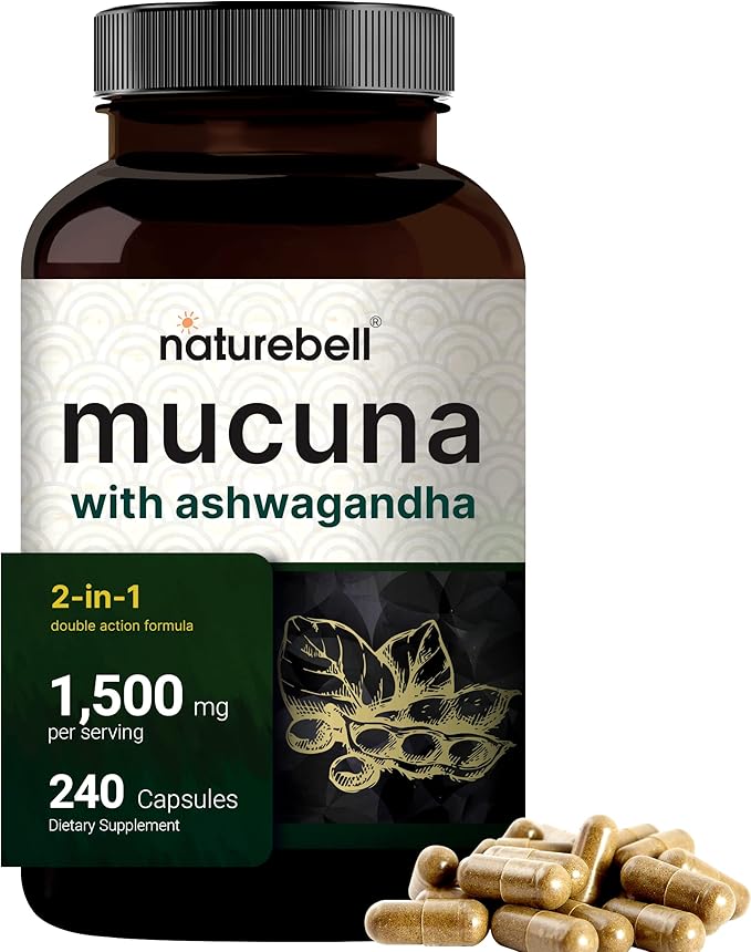 Mucuna Pruriens Capsules Triple Strength 1500mg Per Serving 2 in 1 Formula Made with Mucuna and Ashwagandha 240 Capsules Potent Seed Extract Positive Mood Relaxation &amp Restoration Support