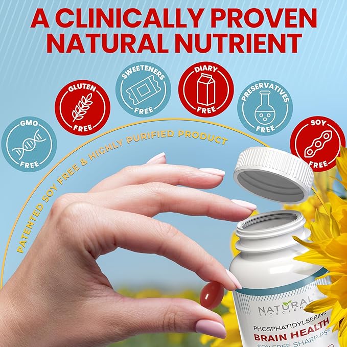 Soy Free Phosphatidylserine 100mg - Phosphatidylserine Supplement from Sunflower Lecithin Patented Sharp PS100 Brain Health Memory Aid Cortisol Control Mental Sharpness Non GMO 90 Softgels