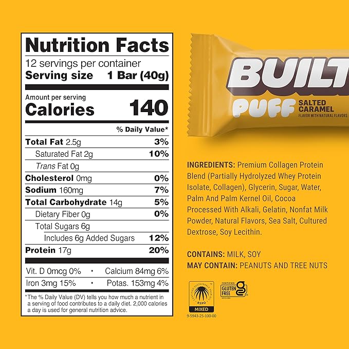 BUILT Bar Puff Protein Bars - Salted Caramel - 17g Protein Snack Bars with Collagen - Calorie Conscious &amp Gluten Free - 12 Count