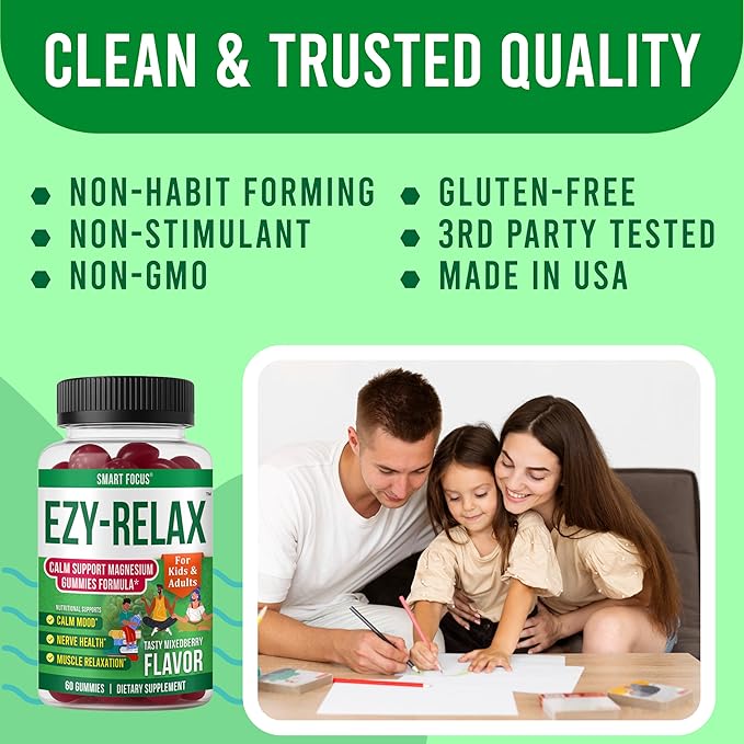 Ezy-Relax Magnesium Gummies for Kids Teen Vitamins – Magnesium Supplements for Men and Women – Calm Gummies for Relax Support – Kids Magnesium Childrens Vitamins – 60 Count