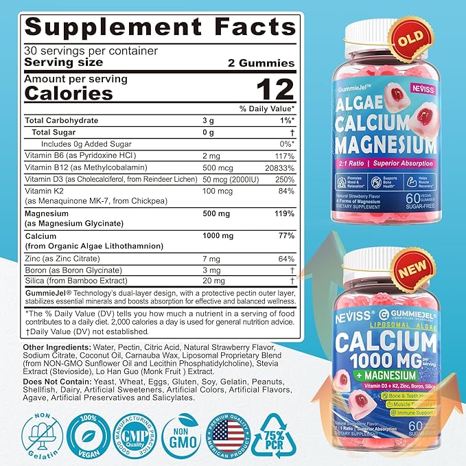 Calcium Supplements for Women Men - Liposomal Calcium 1000mg With Vitamin D3 K2 Magnesium Glycinate Zinc Boron Silica for Bone Health - Sugar Free Calcium Magnesium Zinc Gummies Vegan 60 Count