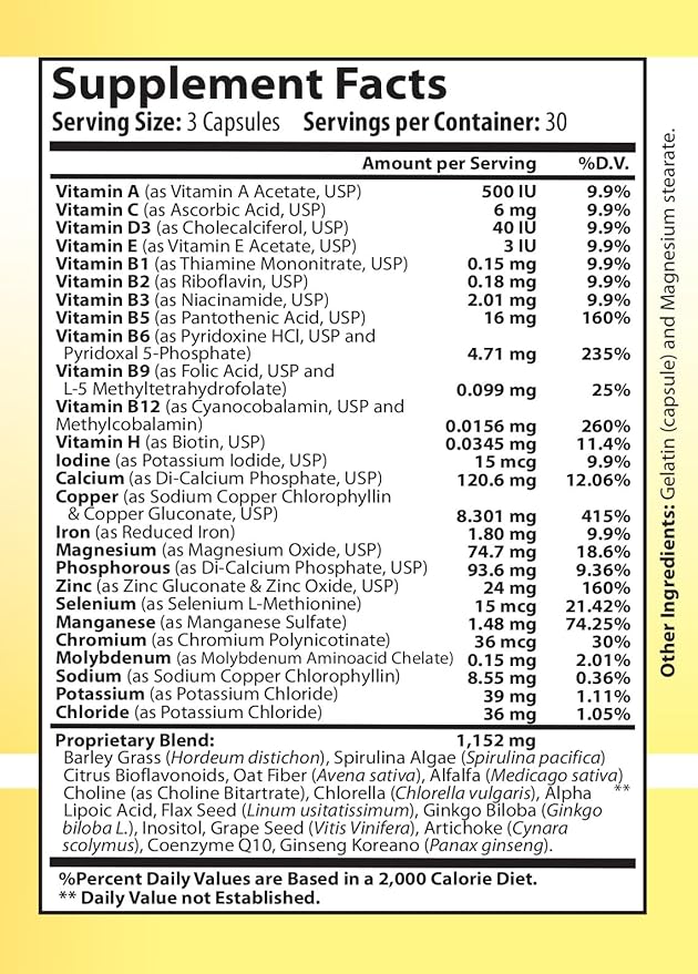 Vitamin Complex Multivitamins and Multiminerals - 12 Vitamins and 14 Minerals Vitamin A C D3 E B1 B2 B3 B5 B6 B9 B12 H and Minerals - 90 capsules 41 Active Ingredients Micronized for max absorption.