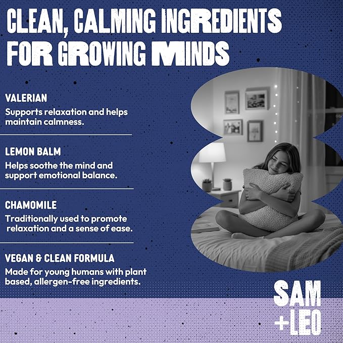 SAM+LEO Relax Gummies with Valerian Lemon Balm &amp Chamomile for Kids &amp Teens – Stress Relief &amp Relaxation Support – Vegan &amp Gluten Free Cherry Flavor (60 Count)