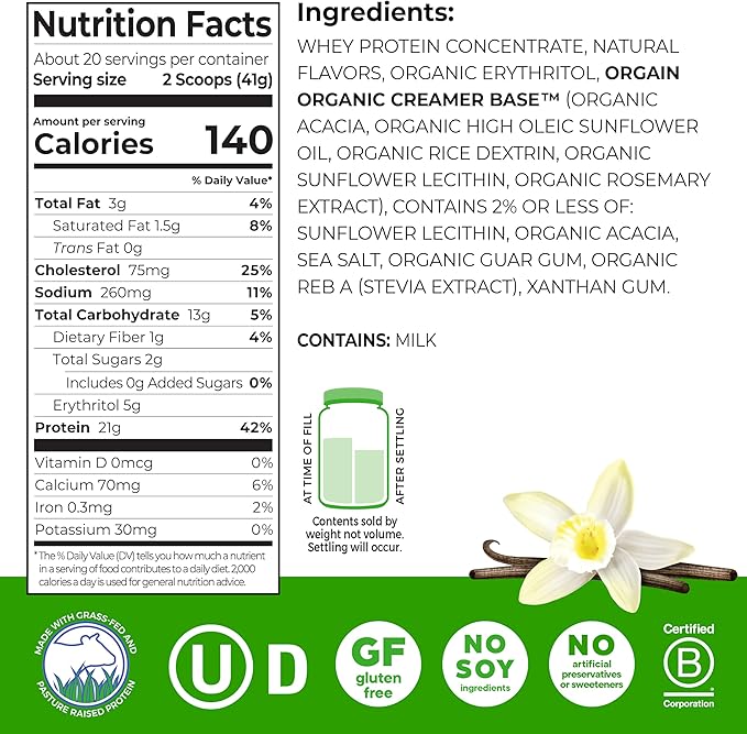 Orgain Whey Protein Powder Vanilla Bean 21g Grass Fed Dairy Protein 5g BCAAs 3g Prebiotic Fiber 2g Sugar No Added Hormones Gluten Free Kosher for Shakes &amp Smoothies 1.82 lb