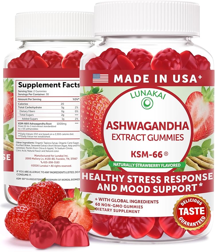 Lunakai USA Made KSM-66 Ashwagandha Gummies for Women &amp Men – Daily Vegan Supplement for Stress Mood &amp Sleep Support 60ct