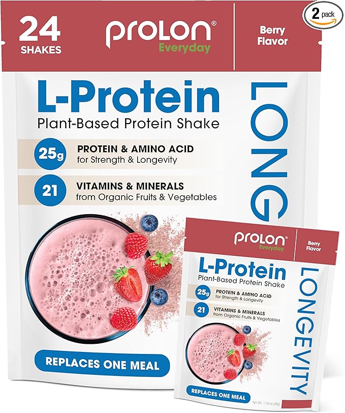 Prolon Longevity Plant Based Protein Powder | Muscle Synthesis &amp Repair Healthy Aging Boost Performance | Vitamins Gluten Free Amino Acids Antioxidants | 25g of Protein | Berry 24 Packets