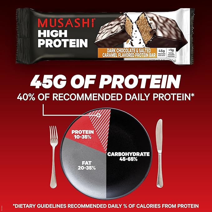 MUSASHI High Protein Bar 45g Protein &lt1g Total Sugars Dark Chocolate &amp Salted Caramel Post Workout and Protein Snack On The Go 12 Pack of 3.2oz (90g) Bars