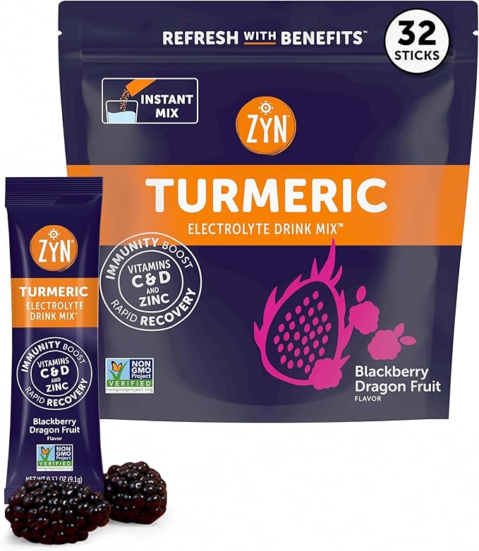 ZYN Electrolyte Drink Mix Hydration Packets BlackBerry Dragonfruit Electrolytes Powder Hydration Packets w/Turmeric Curcumin Vitamin C &amp D Zinc Hydrate &amp Recover Electrolyte Powder Pack