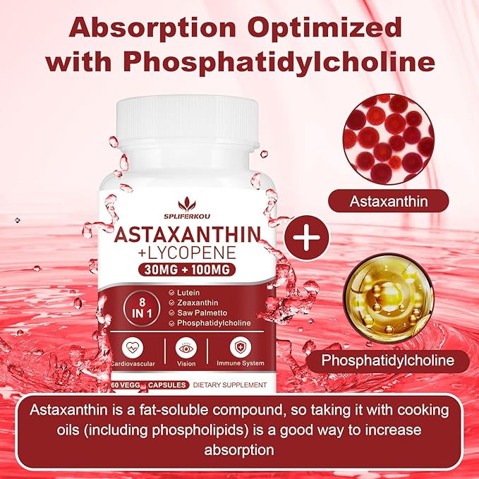 Astaxanthin and Lycopene 70mgAstaxanthin Supplement with Phosphatidylcholine Lutein and Zeaxanthin Powerful Antioxidants Supplement (180 Capsules)