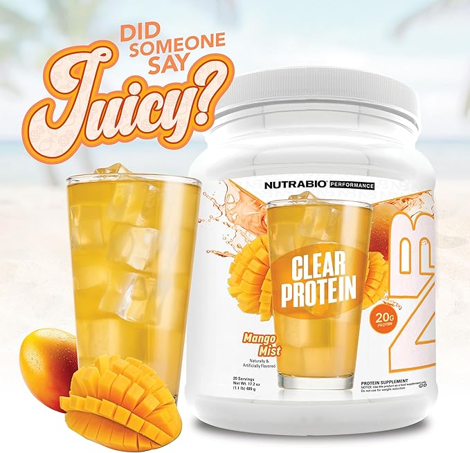 NutraBio Clear Protein Powder Mango Mist - 20 Servings 20g Clear Whey Protein Isolate 0 Sugar 0g Lactose Refreshing Fruit Flavors GLP1 Support - Bone Health - Muscle Post Workout Recovery