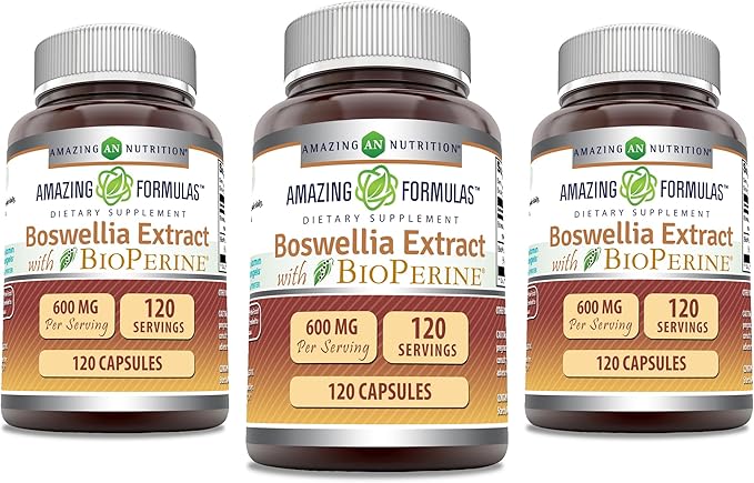 Amazing Formulas Boswellia Extract with Bioperine Supplement | 600 Mg per Serving | Capsules | Non-GMO | Gluten-Free | Made in USA (120 Count 3 Pack)