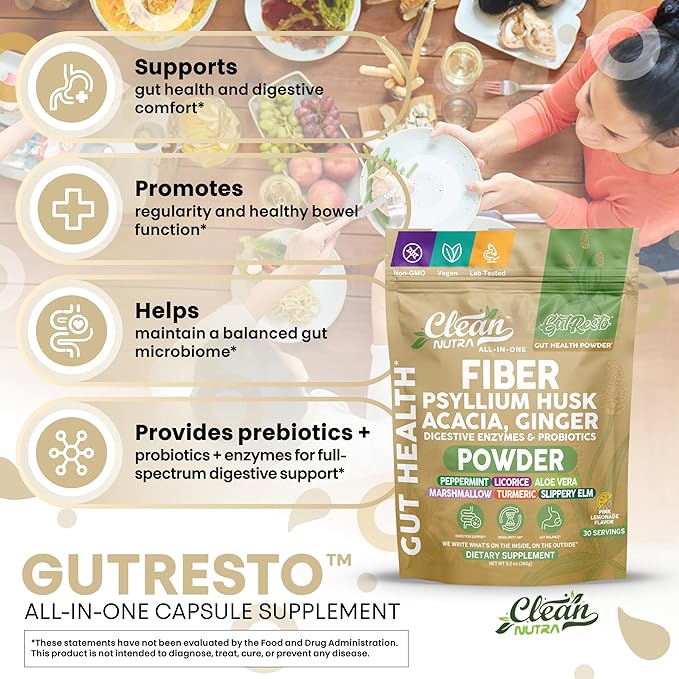 GutResto Fiber Supplement Psyllium Husk Powder Ginger Digestive Enzymes Probiotic Peppermint Licorice Aloe Vera Marshmallow Root Turmeric Supplement Slippery Elm Gut Health Prebiotics By Clean Nutra