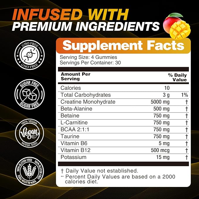 Creatine Monohydrate Gummies 8500 MG for Men and Women Creatine Monohydrate Supplement for Muscle Growth Strength &amp Energy Support Pre Workout Gummies 120 Count Mango Flavor