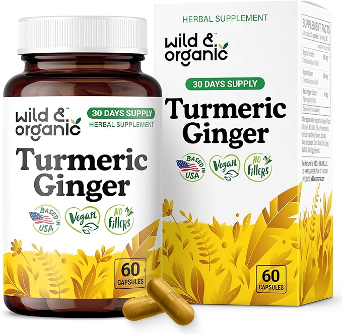 Wild &amp Organic Turmeric and Ginger Supplement Capsules - Mobility &amp Immune Support - Ginger and Turmeric Supplements with Black Pepper - 30 Days of Supply - Vegan No Fillers Non-GMO - 60 Cou