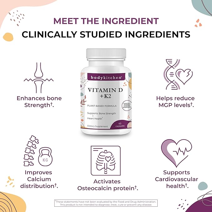 Body Kitchen Vegan Plant-Based Vitamin D3 + K2 (MK7) Supplement Bone and Heart Health Non-GMO 5000 IU Vitamin D &amp 180 mcg Vitamin K2 MK-7 Easy to Swallow Veggie Caps 60 Count