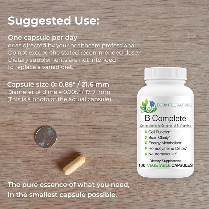 EcoIntegratives B Complete with Folate All Vitamins B1 B2 B3 B5 B6 B7 B9 B12 and Choline Bitartrate for EnergyBrain Clarity Neuro Metabolism Vegan 100 Capsules