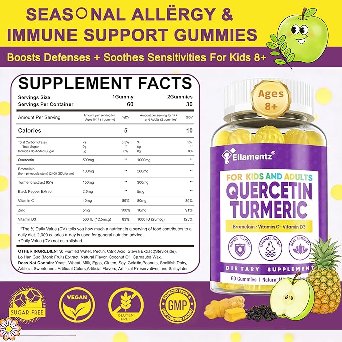 ELLAMENIZ Quercetin Gummies 1000mg for Kids &amp Adults with Bromelain and Turmeric Black Pepper Extract Vitamin C Zinc &amp D3 –Seasonal &amp Immune Health Antioxidant Support – Family Friendly