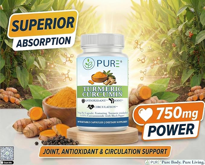PURE® Turmeric Curcumin 750mg with BioPerine® - 180 Capsules 6 Month Supply - High Absorption Joint Support &amp Anti-Inflammatory Supplement - 95% Curcuminoids Antioxidant Complex - Made in USA