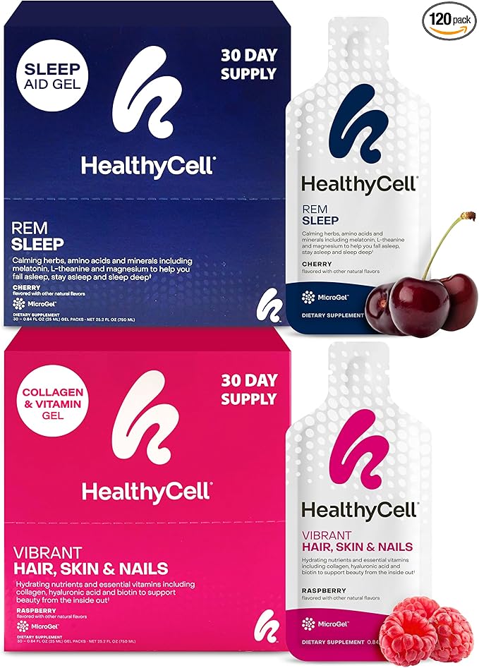 Healthycell REM Sleep Aid Supplement + Vibrant Hair Skin &amp Nails Liquid Collagen Supplement for Women &amp Men Bundle