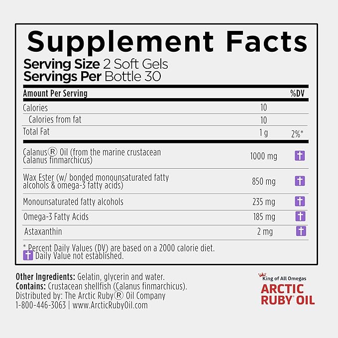 Arctic Ruby Oil 1000mg – Omega 3 Supplement for Women and Men with EPA DHA &amp Astaxanthin 2mg - Fish &amp Krill Oil Alternative – 60 Softgels (1 Pack)