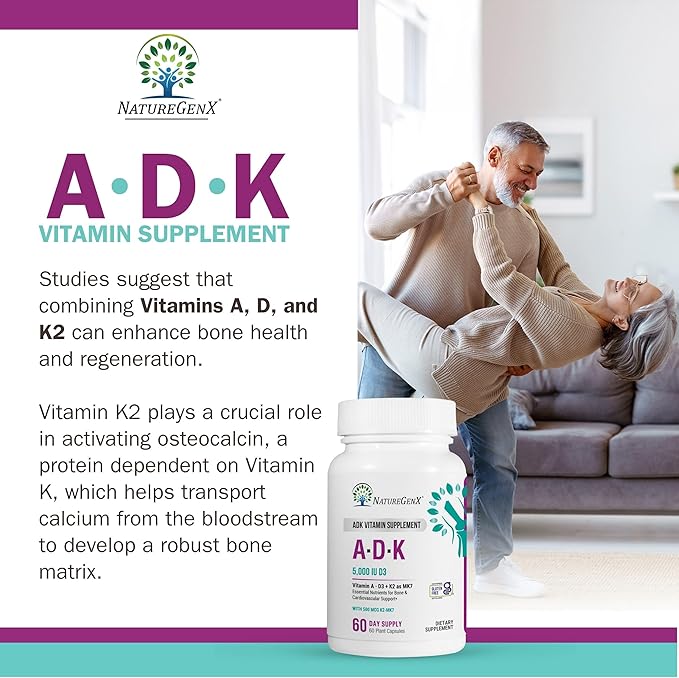 ADK Vitamin Supplement 5000 IU - High Potency Vitamins A D3 and K2 for Bone Health and Calcium Absorption | Gluten-Free Vitamin ADK Supplement 60 Day Supply 60 Capsules