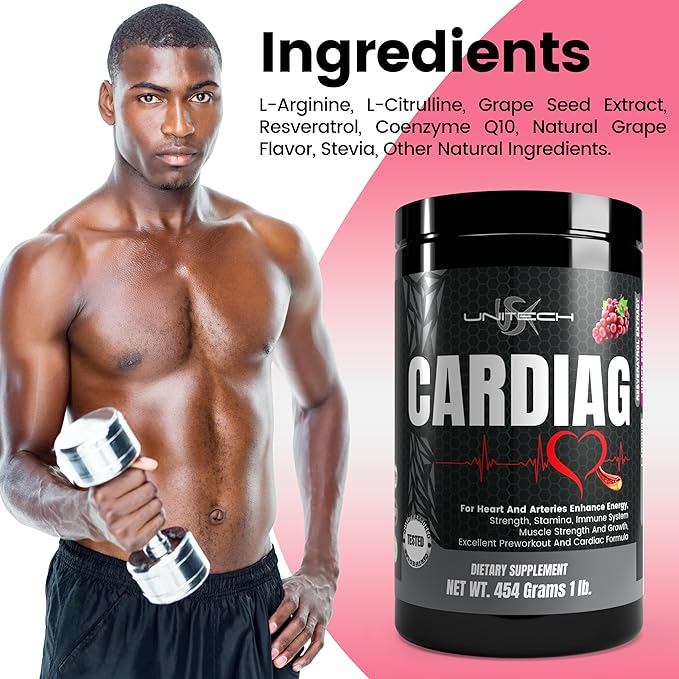 Unitech USK Cardiag Grape Powder | Natural Supplement with L-Arginine L-Citrulline Grape Seed Extract Resveratrol and Coenzyme Q10 | Grape Flavor 16 oz