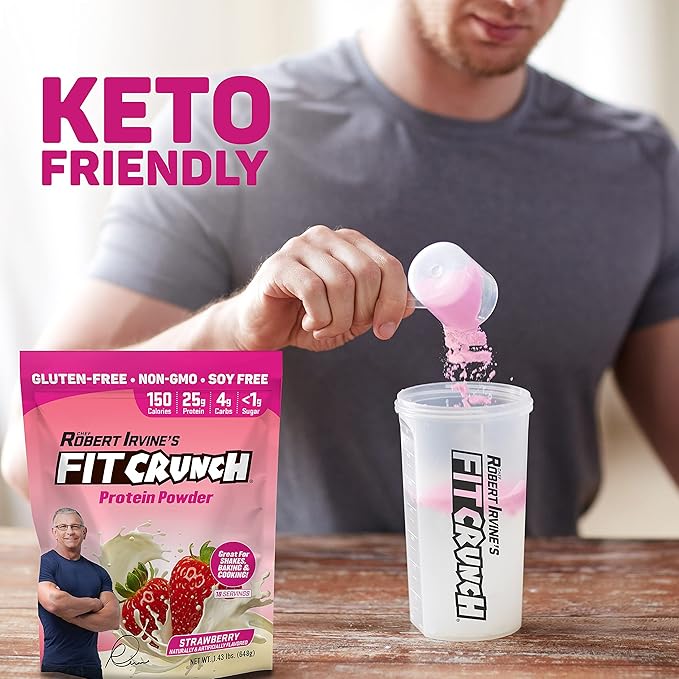 Fit Crunch Tri-Blend Whey Protein Keto Friendly Low Calories High Protein Gluten Free Soy Free (18 Servings Strawberry)