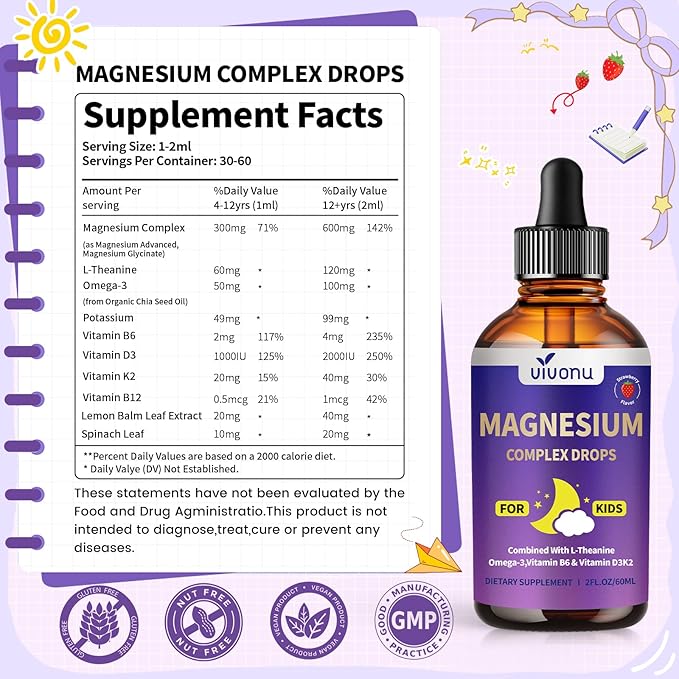 VivoNu Magnesium Drops for Kids Magnesium Glycinate Liquid for Children's Supplement with Vitamin D3 K2 B12 &amp B6 Omega 3L-theanineLemon Balm for SleepRelaxationCalmFocus Strawberry Flavor