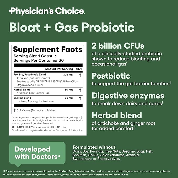 Physician's CHOICE Bloat &amp Gas Probiotic 5-in-1 Proactive Support + Daily Relief - Digestion &amp Gut Health- Herbals Digestive Enzymes Post &amp Prebiotics - Gas Relief for Adults - Women &am